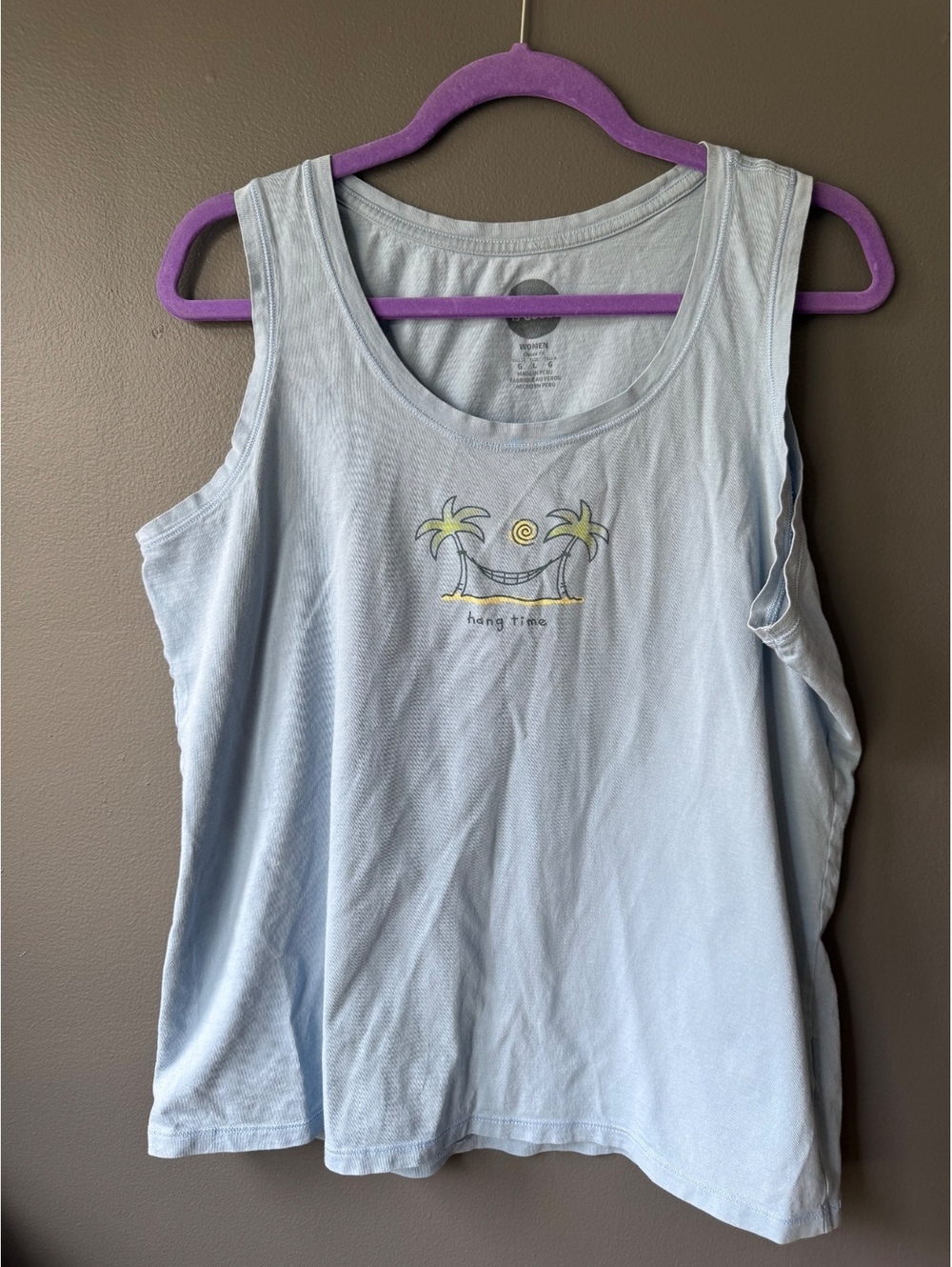 Life is Good Women's Light Blue Tank Top Size Large with Palm Tree Graphic